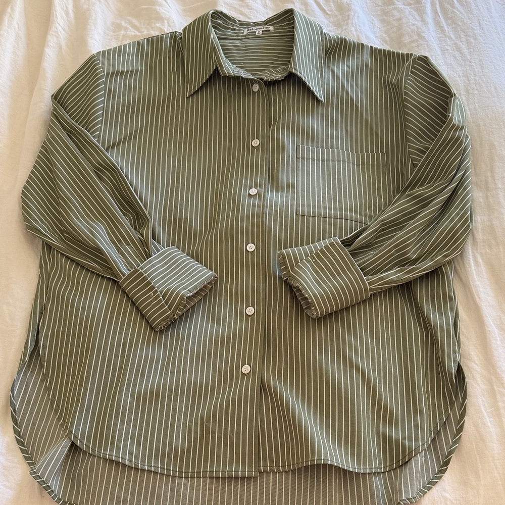 Chic Oversized Reformation green and white striped button down shirt